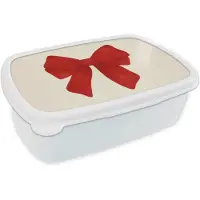 MuchoWow Broodtrommel Wit - Lunchbox Strik - Symmetrisch - Rood - Lint - Brooddoos 18x12x6 cm - Brood lunch box - Broodtrommels voor kinderen en volwassenen