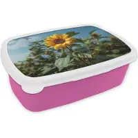 MuchoWow Broodtrommel Roze - Lunchbox Zonnebloemen - Helderblauwer lucht - Gras - Brooddoos 18x12x6 cm - Brood lunch box - Broodtrommels voor kinderen en volwassenen