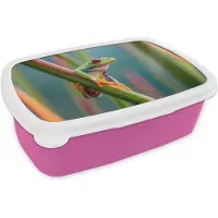 MuchoWow Broodtrommel Roze - Lunchbox Kleurrijke kikker - Groene stengel - Alert - Brooddoos 18x12x6 cm - Brood lunch box - Broodtrommels voor kinderen en volwassenen
