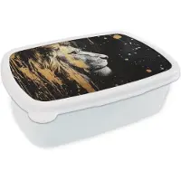 MuchoWow Broodtrommel Wit - Lunchbox Portret - Leeuw - Abstract - Goud - Brooddoos 18x12x6 cm - Brood lunch box - Broodtrommels voor kinderen en volwassenen