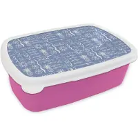 MuchoWow Broodtrommel Roze - Lunchbox Nostalgisch - Kust - Zee - Surfboard - Blauw - Wit - Brooddoos 18x12x6 cm - Brood lunch box - Broodtrommels voor kinderen en volwassenen