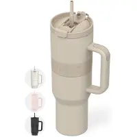 Onyx Drinkfles met Rietje 1 Liter - Waterfles voor Kinderen & Volwassenen - Thermosbeker RVS Travel Mug - Motiverende Drinkbus - Drinkbeker voor School - Sand Beige