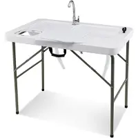 Costway Visreinigingtafel, inklapbare filetietafel met 2 ingebouwde spoelbakken, 360° draaibare kraan en meetschaal, draagbare campingtafel voor kamperen, vissen, grillen