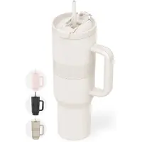 Onyx Drinkfles met Rietje 1 Liter - Waterfles voor Kinderen & Volwassenen - Thermosbeker RVS Travel Mug - Motiverende Drinkbus - Drinkbeker voor School - Coco White