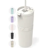Onyx Drinkfles met Rietje 700ML - Waterfles voor Kinderen & Volwassenen - Thermosbeker RVS Travel Mug - Motiverende Drinkbus - Drinkbeker voor School - Coco White