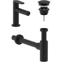 May Forma Combiset: Fonteinkraan Model S - Niet-afsluitbare Plug - Designsifon - Mat Zwart PED - Messing - Kranen, Fonteinkranen, Opbouw Fonteinkranen