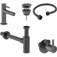 May Fonteinkraan Combiset+ Stilo S Model Fonteinkraan, Designplug Always Open, Designsifon & Hoekstopkraan Geborsteld Carbon Black PVD