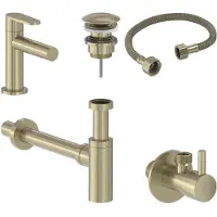 May Fonteinkraan Combiset+ Forma S Model Fonteinkraan, Designplug Always Open, Designsifon & Hoekstopkraan Geborsteld Mat Goud PVD