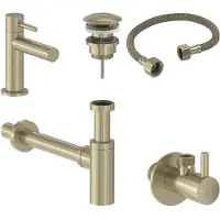 May Fonteinkraan Combiset+ Stilo S Model Fonteinkraan, Designplug Always Open, Designsifon & Hoekstopkraan Geborsteld Mat Goud PVD