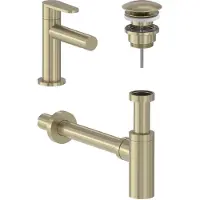 May Fonteinkraan Combiset Forma S Model Fonteinkraan, Designplug Always Open & Designsifon Geborsteld Mat Goud PVD