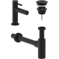 May Stilo Combiset: Fonteinkraan Model S - Niet-afsluitbare Designplug - Designsifon - Mat Zwart PED - Messing - Kranen, Fonteinkranen, Opbouw