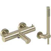 May Badthermostaat Combiset Incl. Verstelbare Wandsteun, Doucheslang 125 cm & Staaf Handdouche Geborsteld Mat Goud PVD