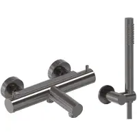 May Badthermostaat Combiset Incl. Verstelbare Wandsteun, Doucheslang 125 cm & Staaf Handdouche Geborsteld Carbon Black PVD