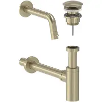 May Fonteinkraan Combiset Stilo Wandmodel Fonteinkraan, Designplug Always Open & Designsifon Geborsteld Mat Goud PVD