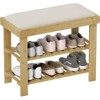 HOMCOM -Schuhbank-Bambus, Polyester-60L x 29B x 49H cm-Cremeweiß+Naturholz