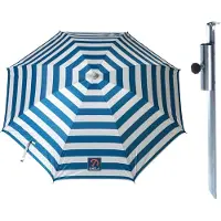 Benson Parasol met metalen grondharing - blauw met wit gesteept - polyester - Dia 165 cm - verstelbaar - Tuin - Strand - Camping