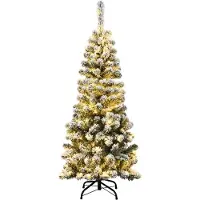 Costway 135/180/225cm potlood kerstboom met sneeuw en warm witte LED verlichting, kunstkerstboom met metalen standaard, kunstkerstboom PVC naalden, kunstkerstboom vouwsysteem groen (135cm)