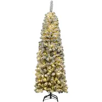Costway 180 cm Kerstboom potlood met sneeuw en warmwitte ledverlichting, kunstsparren met metalen standaard, kerstboom van pvc, kunstboom vouwsysteem