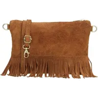 Charm London Suède Schoudertasje met Franjes Elisa Cognac
