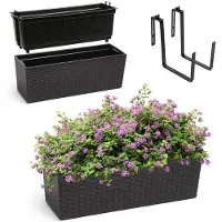 Kadax Bloembak van kunststof, 18,5 x 56 cm, plantenbak met inzet, weerbestendige balkonbak, rechthoekige bloembak, bloempot voor buiten, met houders, rotan patroon, zwart