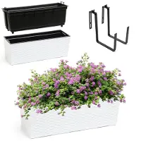 Kadax Bloembak van kunststof, 18,5 x 56 cm, plantenbak met inzet, weerbestendige balkonbak, rechthoekige bloembak, bloempot voor buiten, met houders, rotan patroon, wit