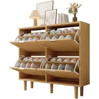 Merax Schoenenkast Rattan 4 Kleppen Licht Eiken met Houten Poten Landelijke Stijl 100x25x90 cm Smal Schoenenmeubel voor Hal of Slaapkamer