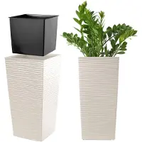 Kadax Bloempot, bloembak van kunststof, plantenbak voor bloemen, binnen en buiten, tuin, balkon, terras, huis, weerbestendig, rotan imitatie (36,5 cm hoog, crème)
