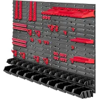 Kadax Werkplaatswandrek, 116 x 78 cm, opslagsysteem van robuust kunststof, uv-bestendig werkplaatsrek, uitbreidbare wandplaten, opbergrek voor garage, rood en zwart, 67-delig