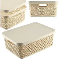 Kadax Opbergmand, mand met deksel, opbergkist, opbergdoos van plastic, moderne plankmand, container met ventilatiegaten (12 l, beige)