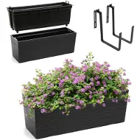Kadax Bloembak van kunststof, 18,5 x 56 cm, plantenbak met inzet, weerbestendige balkonbak, rechthoekige bloembak, bloempot voor buiten, met houders, gekerfd patroon, zwart