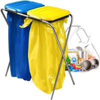 Kadax Dubbele vuilniszakhouder, vuilniszakhouder in 5 kleurversies, standaard voor afvalscheiding met kunststof deksel, vuilniszakhouder voor 120 liter zak (blauw-geel)