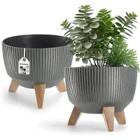 Kadax Bloempot, van kunststof, met drie insteeksteunen, rond, bloemenschaal, plantenbak, bloembak, voor balkon, woonkamer, 24 cm diameter, antraciet