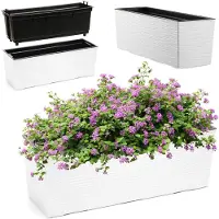 Kadax Bloembak van kunststof, 18,5 x 56 cm, plantenbak met inzetstuk, weerbestendige balkonbak, rechthoekige bloembak, bloempot voor buiten, gekerfd patroon, wit