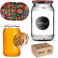 Kadax Glazen pot Lierde 900ml 82mm 8 stuks + deksels "Borduurwerk met bloemen"