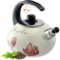 Kadax Waterkoker, roestvrijstalen waterkoker, 2,2 liter, fluitketel, waterkoker voor inductie en gasfornuis, theeketel, emaille waterkoker, retro waterkoker met fluitje (rode bloemen)