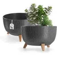 Kadax Bloempot, van kunststof, met drie insteeksteunen, rond, bloemenschaal, plantenbak, bloembak, voor balkon, woonkamer, 40 cm diameter, antraciet