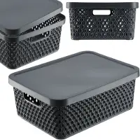 Kadax Opbergmand, mand met deksel, opbergkist, opbergdoos van plastic, moderne plankmand, container met ventilatiegaten (12 l, grijs)