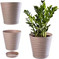 Kadax Bloempot met onderzetter, lichte ronde plantenbak voor binnen van kunststof, voor bloemen en planten (25 cm, beige)