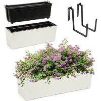 Kadax Bloembak van kunststof, 18,5 x 56 cm, plantenbak met inzet, weerbestendige balkonbak, rechthoekige bloembak, bloempot voor buiten, met houders, gekerfd patroon, crème
