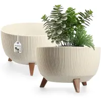 Kadax Bloempot, van kunststof, met drie insteeksteunen, rond, bloemenschaal, plantenbak, bloembak, voor balkon, woonkamer, 40 cm diameter, crème