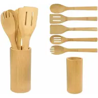 RAVI Bamboe Gebruiksvoorwerp 5 stuks Set + Houder, Set van 6 stuks, Multi kleur, One Size