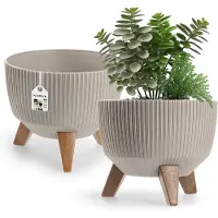 Kadax Bloempot, van kunststof, met drie insteeksteunen, rond, bloemenschaal, plantenbak, bloembak, voor balkon, woonkamer, 24 cm diameter, taupe