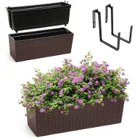 Kadax Bloembak van kunststof, 18,5 x 56 cm, plantenbak met inzet, weerbestendige balkonbak, rechthoekige bloembak, bloempot voor buiten, met houders, rotan patroon, mokka