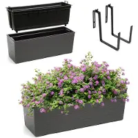 Kadax Bloembak van kunststof, 18,5 x 56 cm, plantenbak met inzet, weerbestendige balkonbak, rechthoekige bloembak, bloempot voor buiten, met houders, gekerfd patroon, grafiet