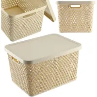 Kadax Opbergmand, mand met deksel, opbergkist, opbergdoos van plastic, moderne plankmand, container met ventilatiegaten (18 l, beige)