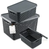 Kadax Opbergmand, mand met deksel, opbergkist, opbergdoos van plastic, moderne plankmand, container met ventilatiegaten (set van 3: 4,5L, 12L, 18L, grijs)
