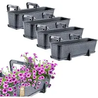 Kadax Bloembakset, balkonbak van kunststof, plantenbak voor bloemen en kruiden, duurzame balkonpot, plantenbak voor balkon, 60 cm, set van 4, grafiet