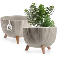Kadax Bloempot, van kunststof, met drie insteeksteunen, rond, bloemenschaal, plantenbak, bloembak, voor balkon, woonkamer, 29 cm diameter, taupe