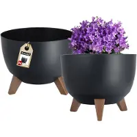 Kadax Bloempot van kunststof met drie insteeksteunen, ronde bloemenschaal, plantenbak, bloembak, plantenbak voor balkon, woonkamer (pak van 2 x 29 cm diameter, zwart)