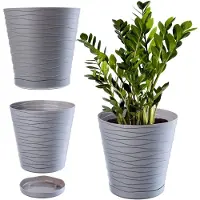 Kadax Bloempot met onderzetter, lichte ronde plantenbak voor binnen van kunststof, voor bloemen en planten (11 cm, grijs)
